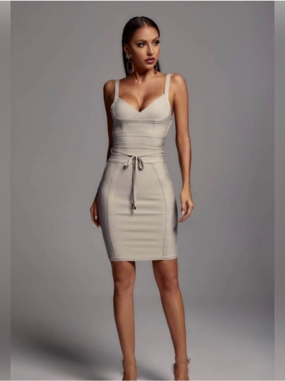 Bella Barnett Bandage Tie-Waist Mini Dress in Light Beige